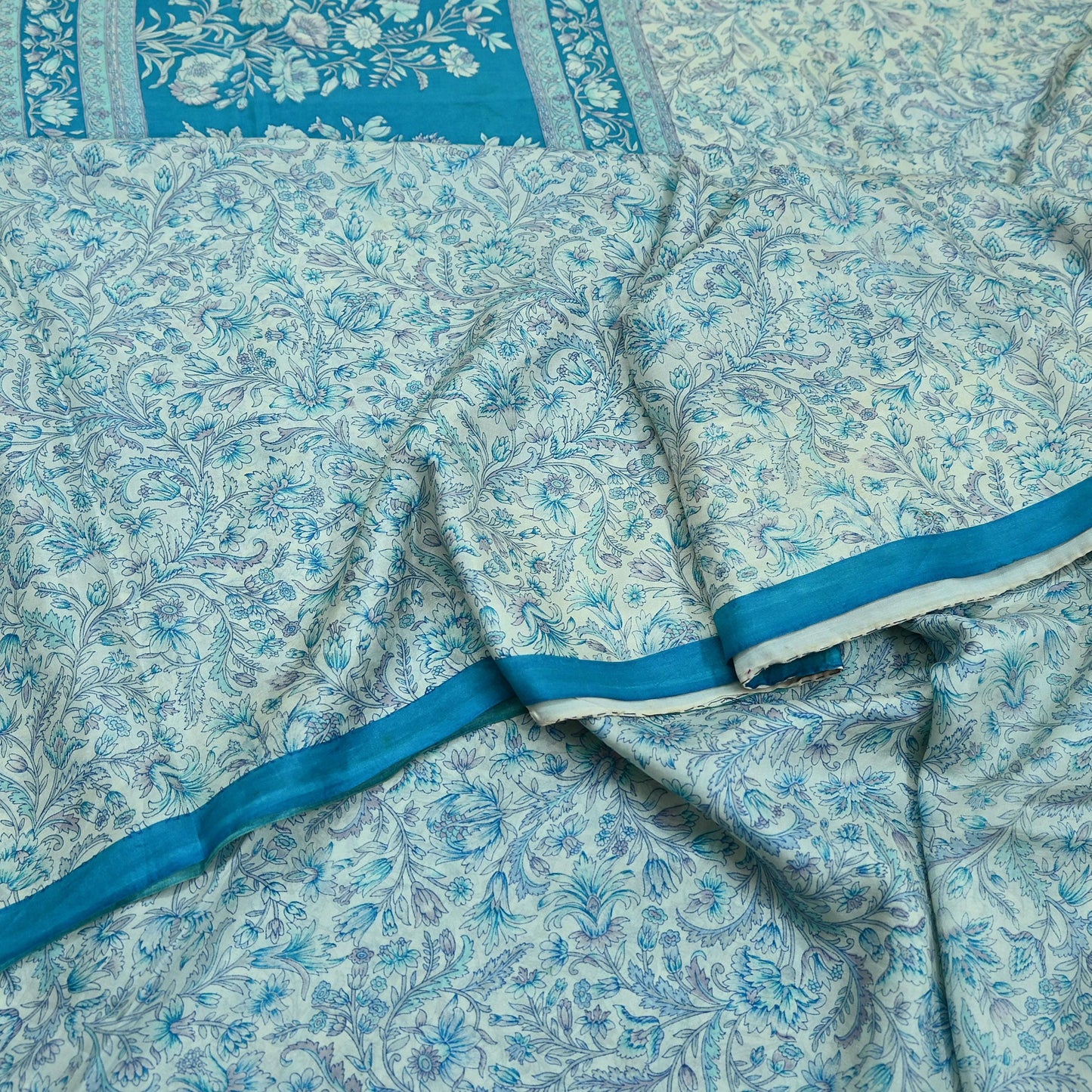 Indian Vintage Saree Blue & White Pure Silk Printed Sari 5yd Craft Fabric Sewing Floral Soft Wrap Sarong Quilting Used
