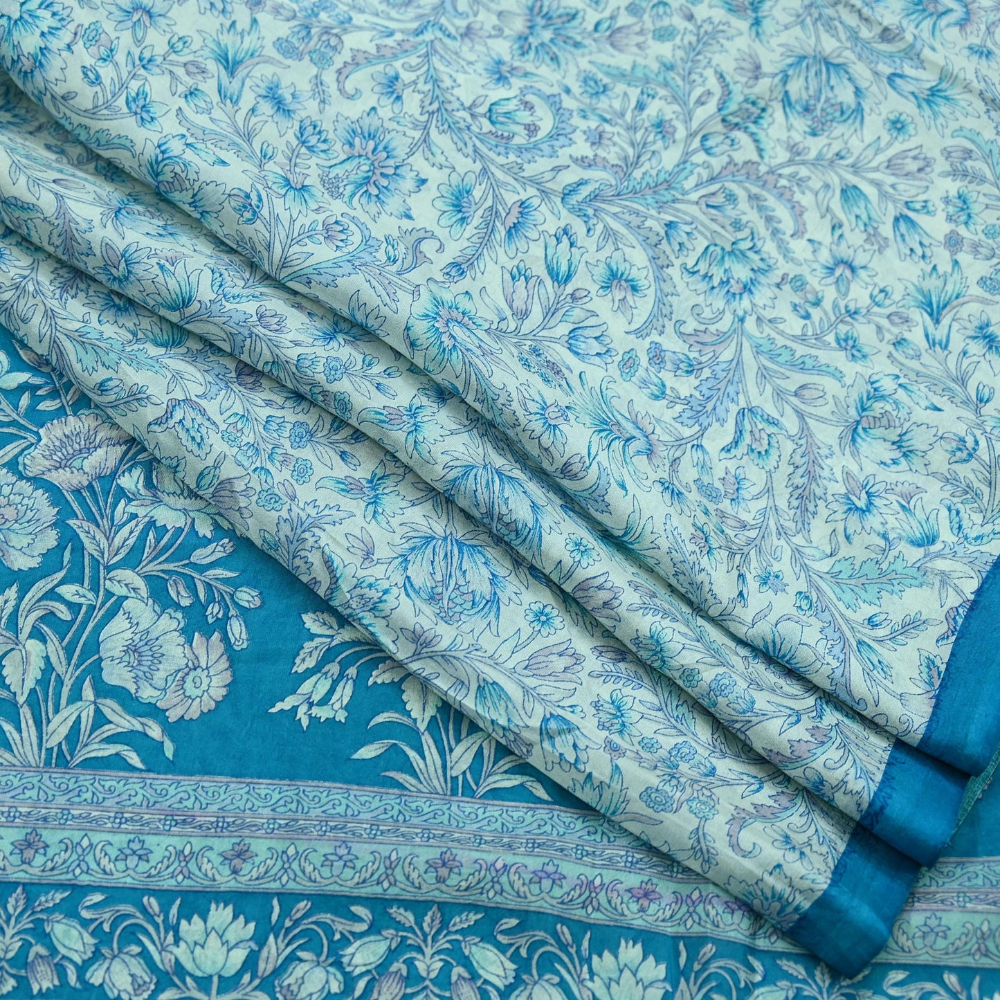 Indian Vintage Saree Blue & White Pure Silk Printed Sari 5yd Craft Fabric Sewing Floral Soft Wrap Sarong Quilting Used