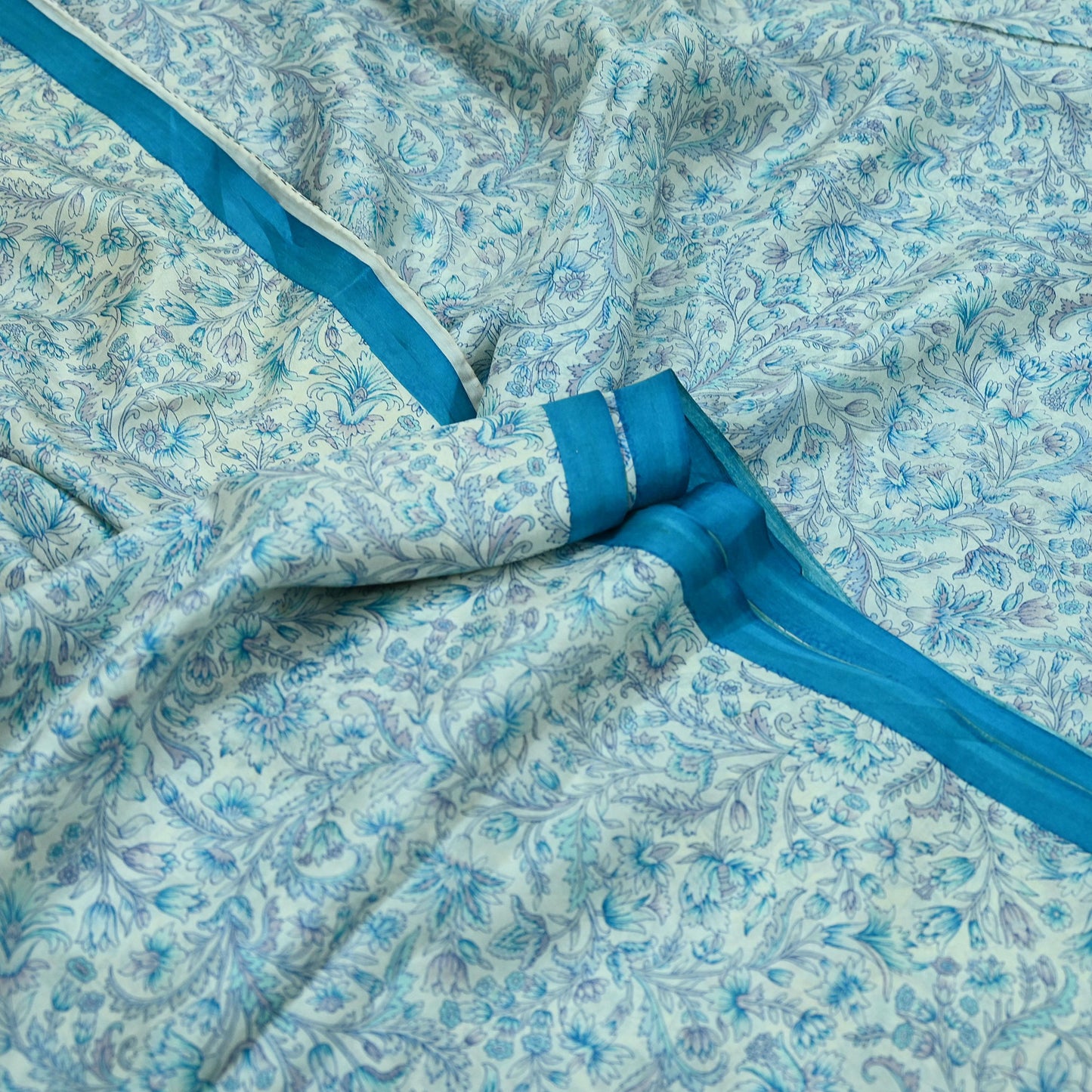 Indian Vintage Saree Blue & White Pure Silk Printed Sari 5yd Craft Fabric Sewing Floral Soft Wrap Sarong Quilting Used