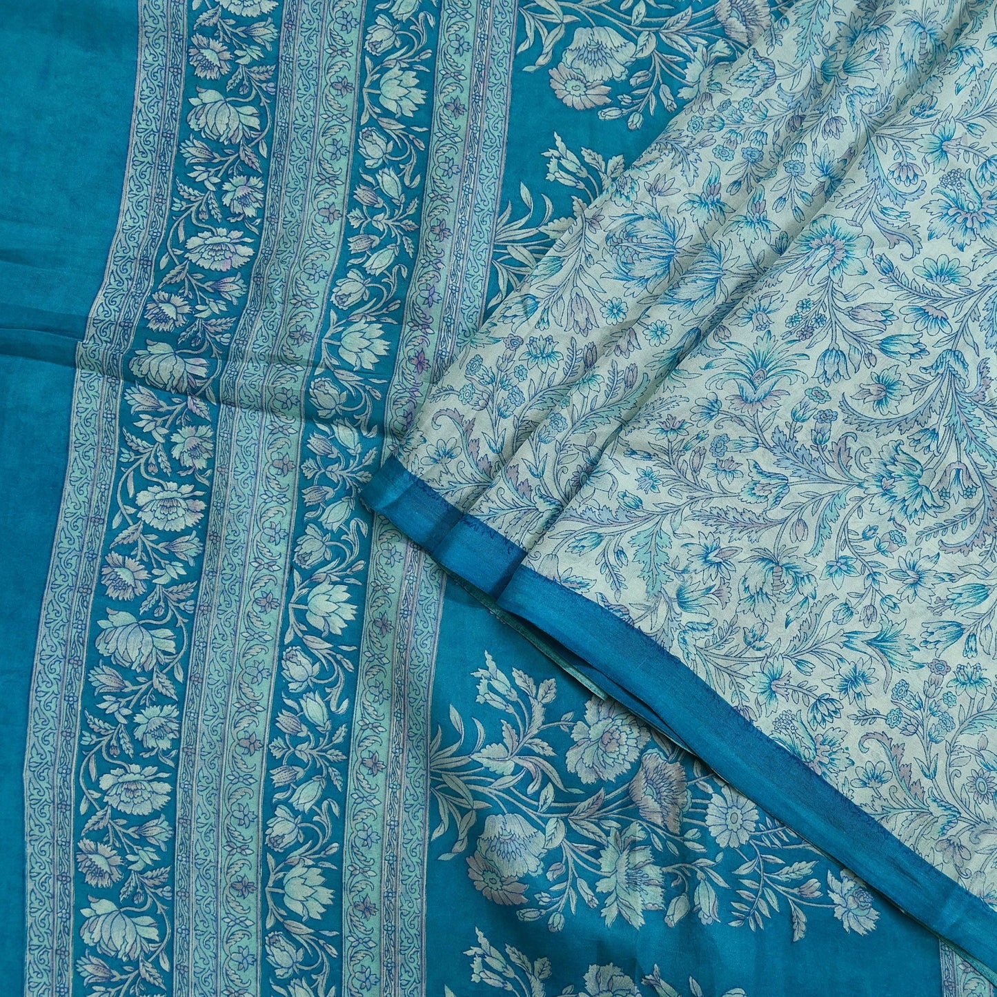 Indian Vintage Saree Blue & White Pure Silk Printed Sari 5yd Craft Fabric Sewing Floral Soft Wrap Sarong Quilting Used