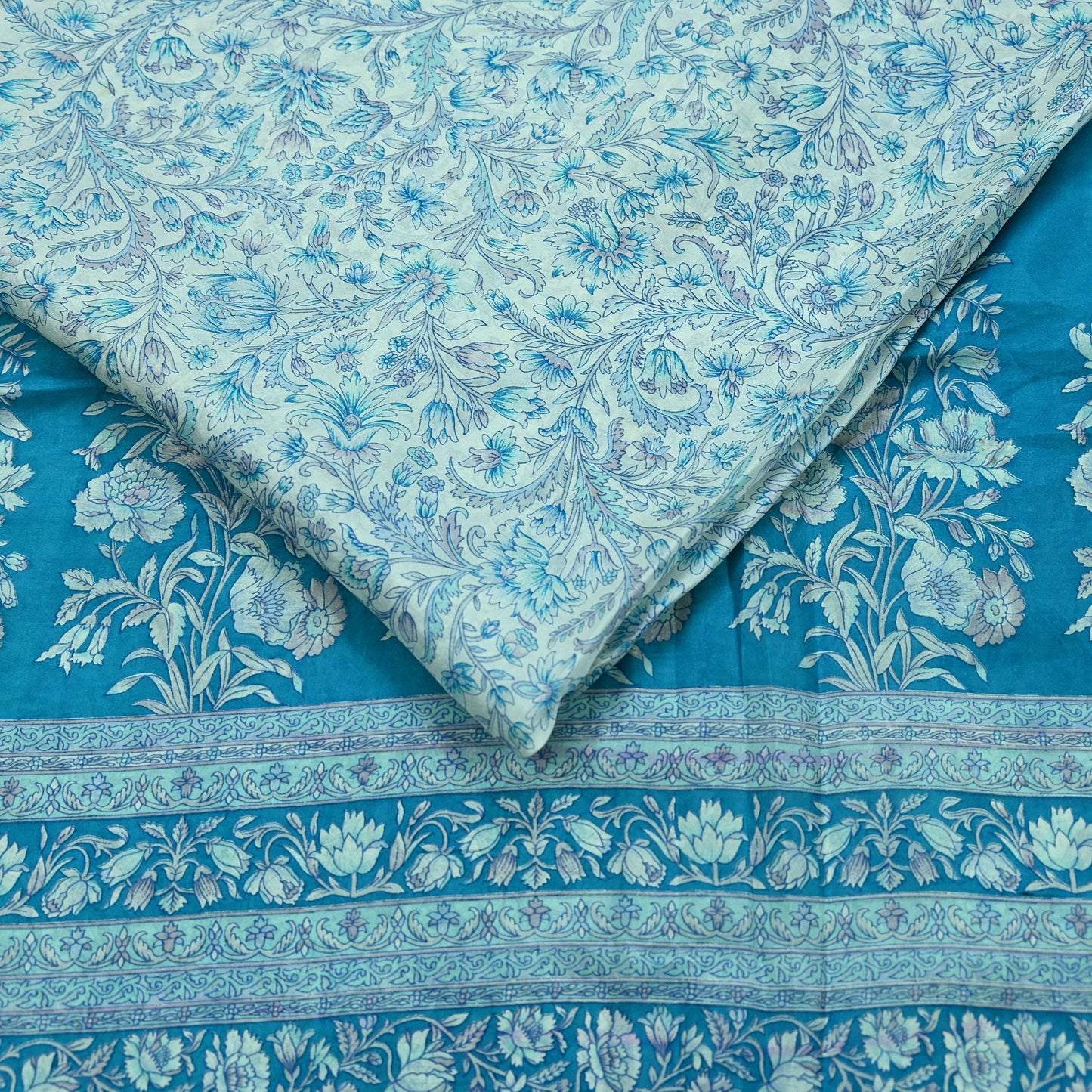 Indian Vintage Saree Blue & White Pure Silk Printed Sari 5yd Craft Fabric Sewing Floral Soft Wrap Sarong Quilting Used