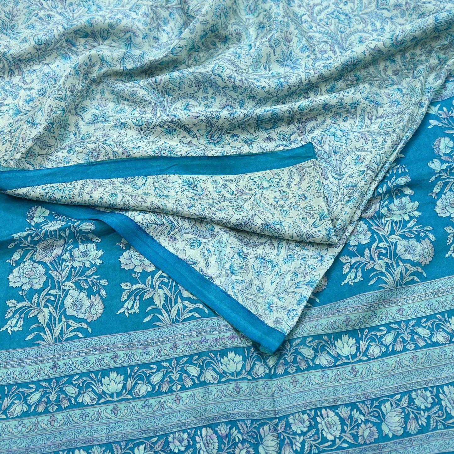 Indian Vintage Saree Blue & White Pure Silk Printed Sari 5yd Craft Fabric Sewing Floral Soft Wrap Sarong Quilting Used