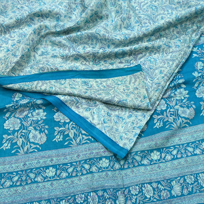 Indian Vintage Saree Blue & White Pure Silk Printed Sari 5yd Craft Fabric Sewing Floral Soft Wrap Sarong Quilting Used