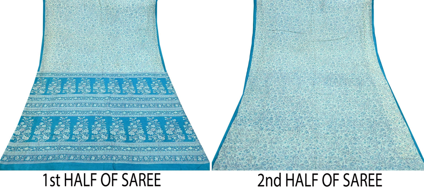 Indian Vintage Saree Blue & White Pure Silk Printed Sari 5yd Craft Fabric Sewing Floral Soft Wrap Sarong Quilting Used