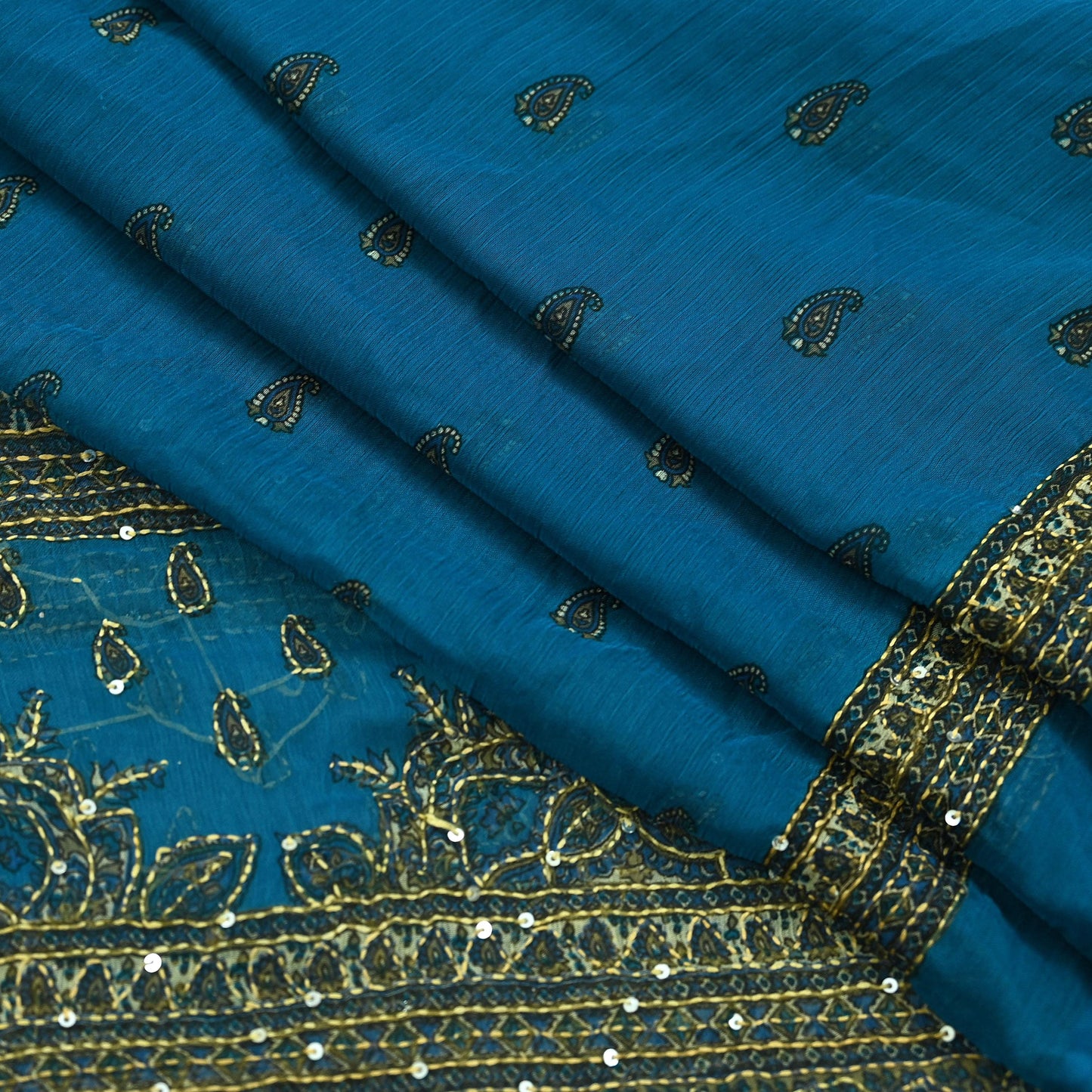 Indian Vintage Dupatta Blue Long Stole Hand Embroidered kantha stole Georgette Scarves Veil Wrap Soft Floral Sequins