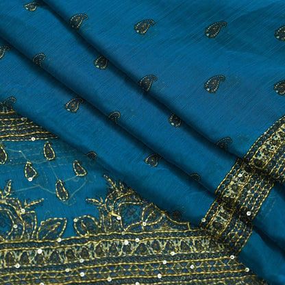 Indian Vintage Dupatta Blue Long Stole Hand Embroidered kantha stole Georgette Scarves Veil Wrap Soft Floral Sequins