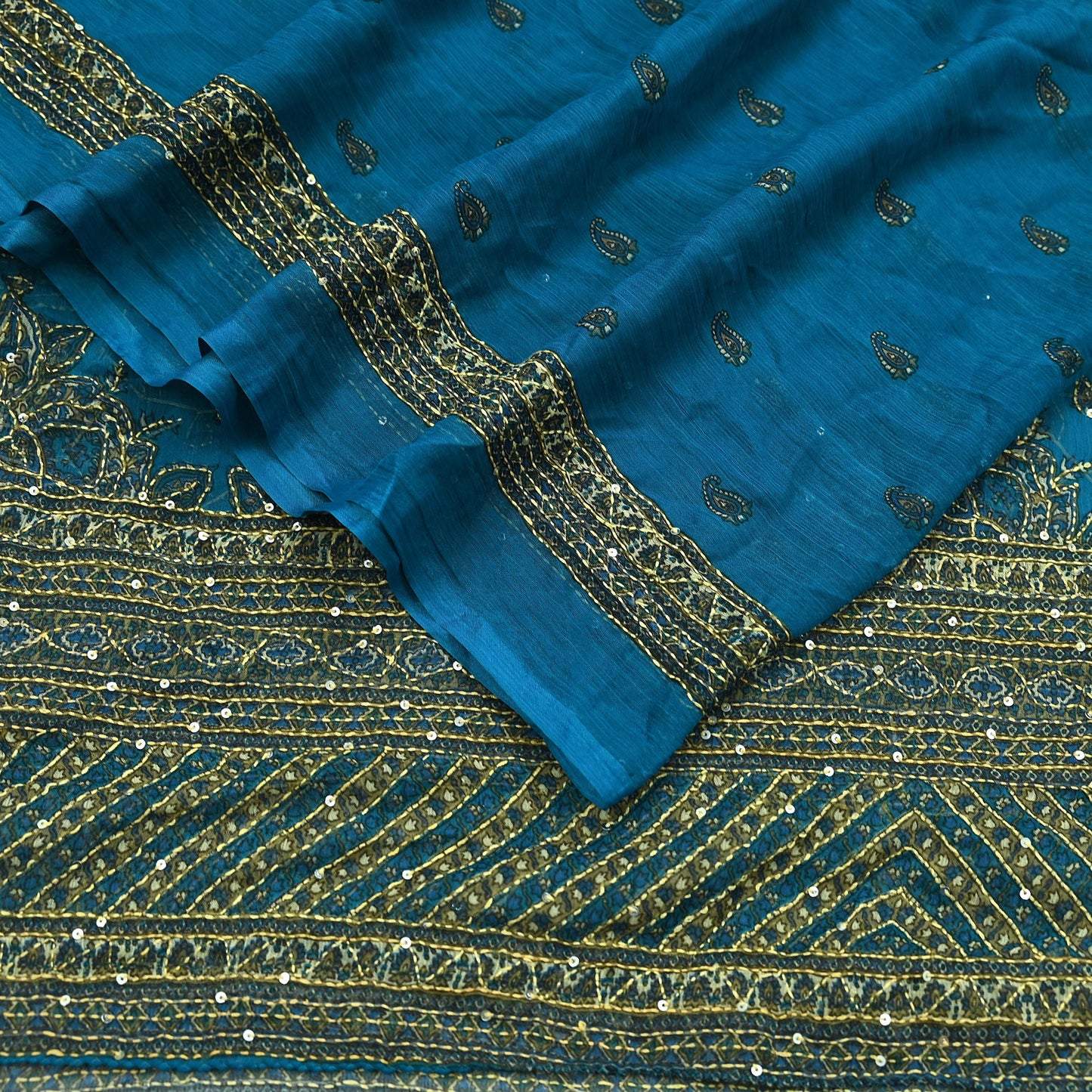 Indian Vintage Dupatta Blue Long Stole Hand Embroidered kantha stole Georgette Scarves Veil Wrap Soft Floral Sequins