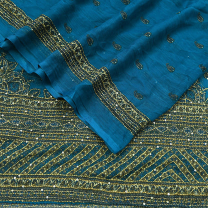 Indian Vintage Dupatta Blue Long Stole Hand Embroidered kantha stole Georgette Scarves Veil Wrap Soft Floral Sequins
