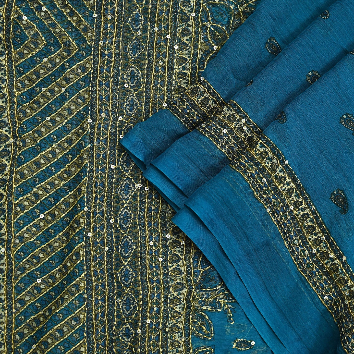 Indian Vintage Dupatta Blue Long Stole Hand Embroidered kantha stole Georgette Scarves Veil Wrap Soft Floral Sequins