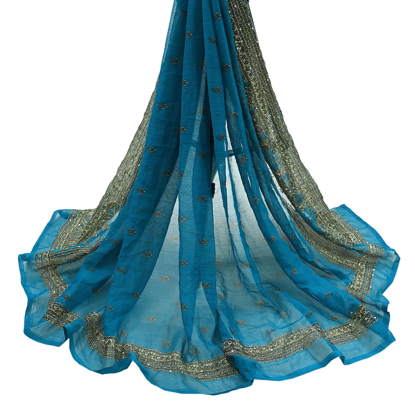 Indian Vintage Dupatta Blue Long Stole Hand Embroidered kantha stole Georgette Scarves Veil Wrap Soft Floral Sequins
