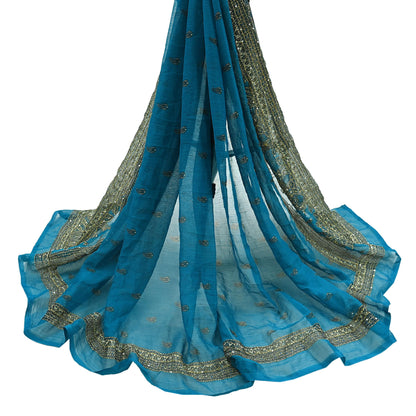 Indian Vintage Dupatta Blue Long Stole Hand Embroidered kantha stole Georgette Scarves Veil Wrap Soft Floral Sequins