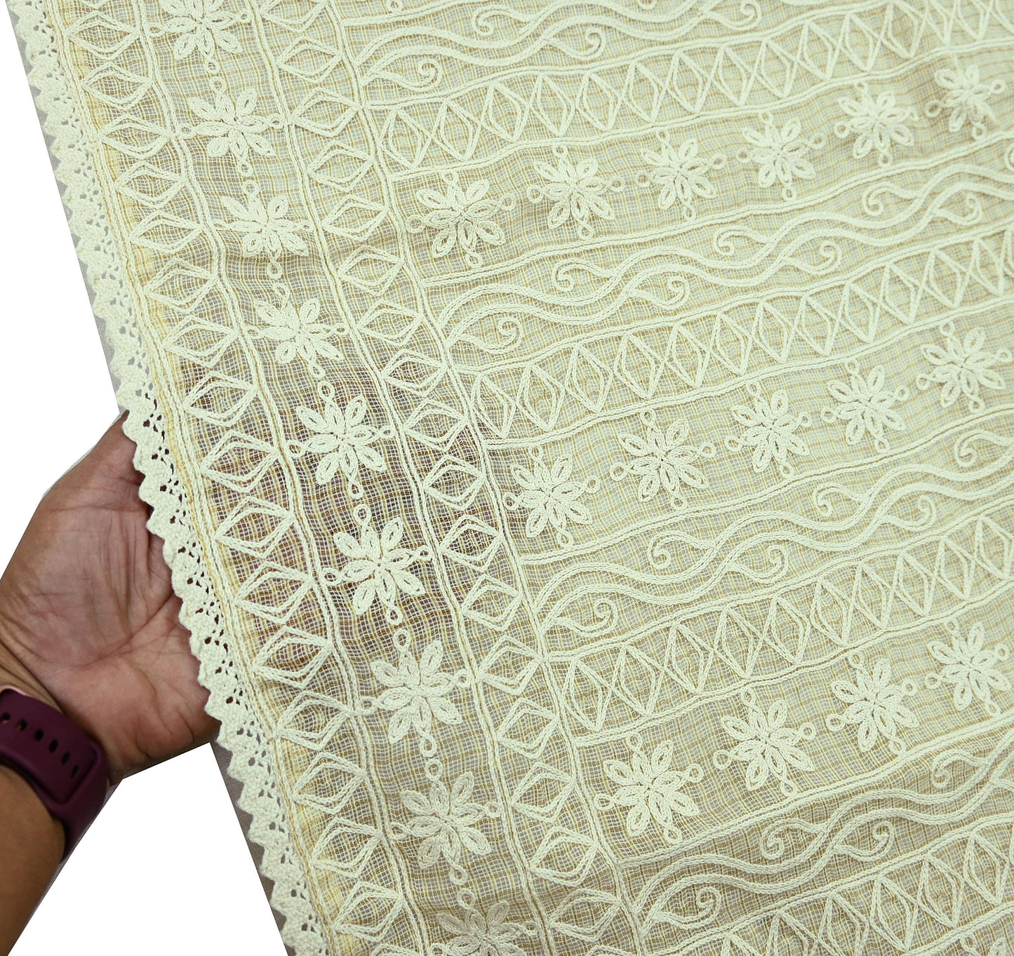 Indian Vintage Beige Dupatta Long Stole Pure Cotton Hand Embroidered Scarves Veil Scarf Wrap