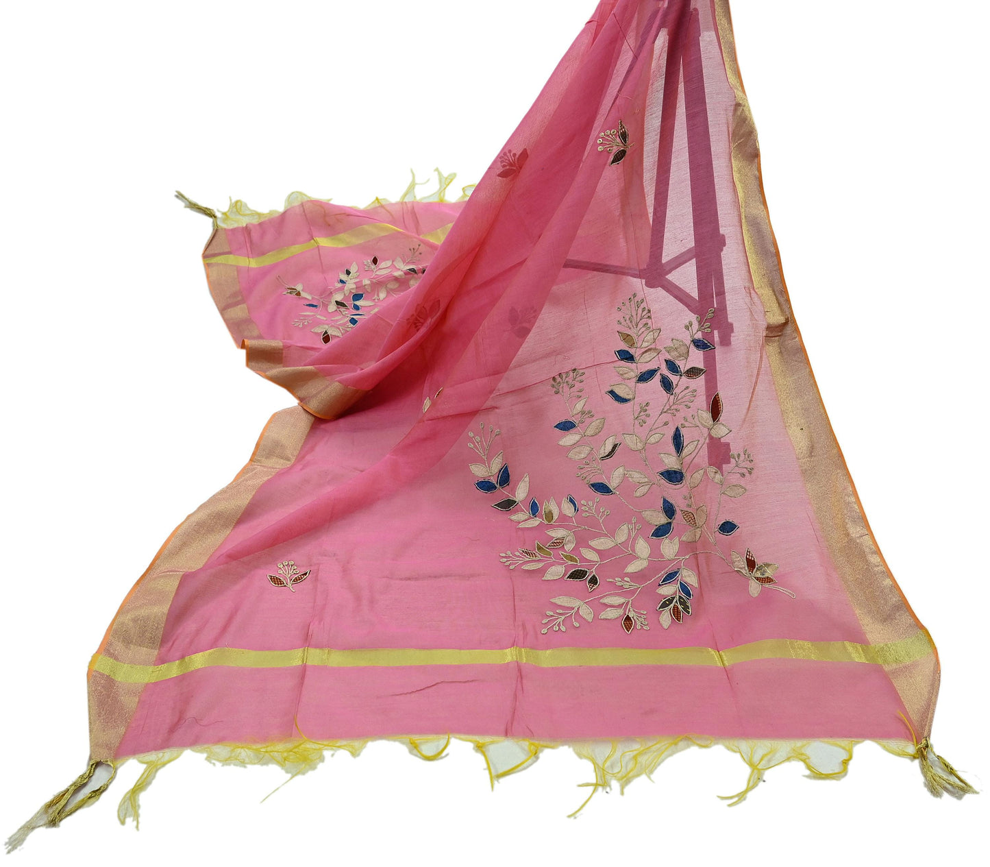 Indian Vintage Pink Dupatta Organza Long Stole Hand Embroidered Scarves Veil Soft Floral Design Wrap Boho Party wear