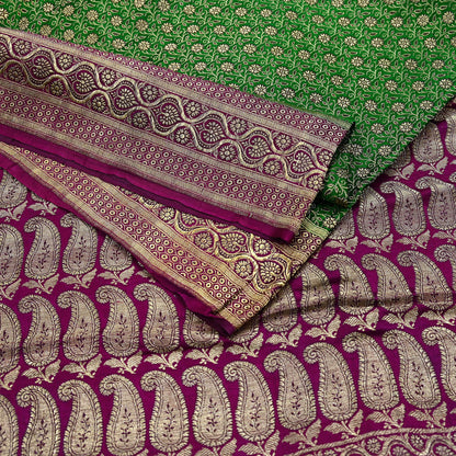 Indian Vintage Sari Green & Purple Heavy Wedding Pure Satin Silk Banarasi Brocade Saree Zari 5Yd Craft Fabric Ethnic Dress making Crafting