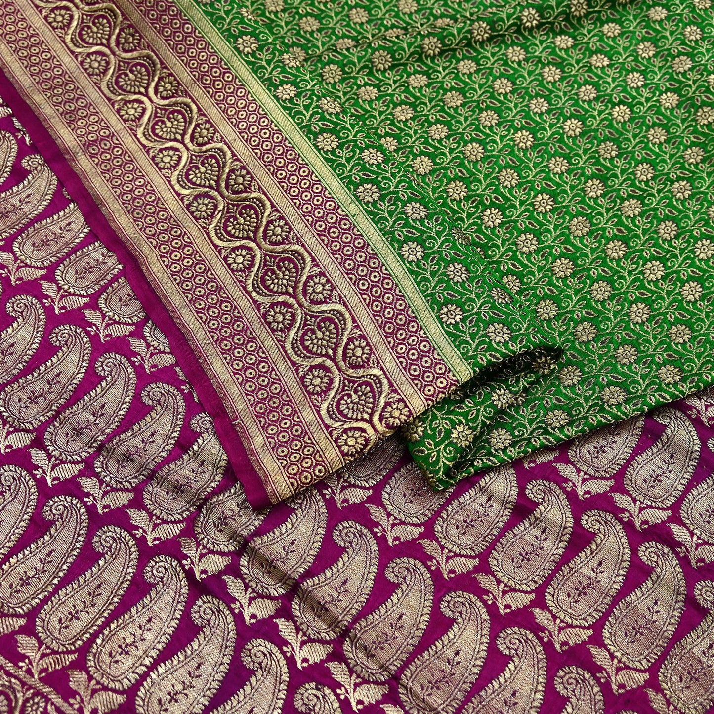 Indian Vintage Sari Green & Purple Heavy Wedding Pure Satin Silk Banarasi Brocade Saree Zari 5Yd Craft Fabric Ethnic Dress making Crafting