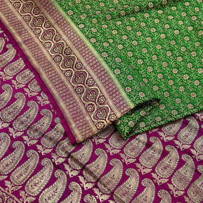 Indian Vintage Sari Green & Purple Heavy Wedding Pure Satin Silk Banarasi Brocade Saree Zari 5Yd Craft Fabric Ethnic Dress making Crafting
