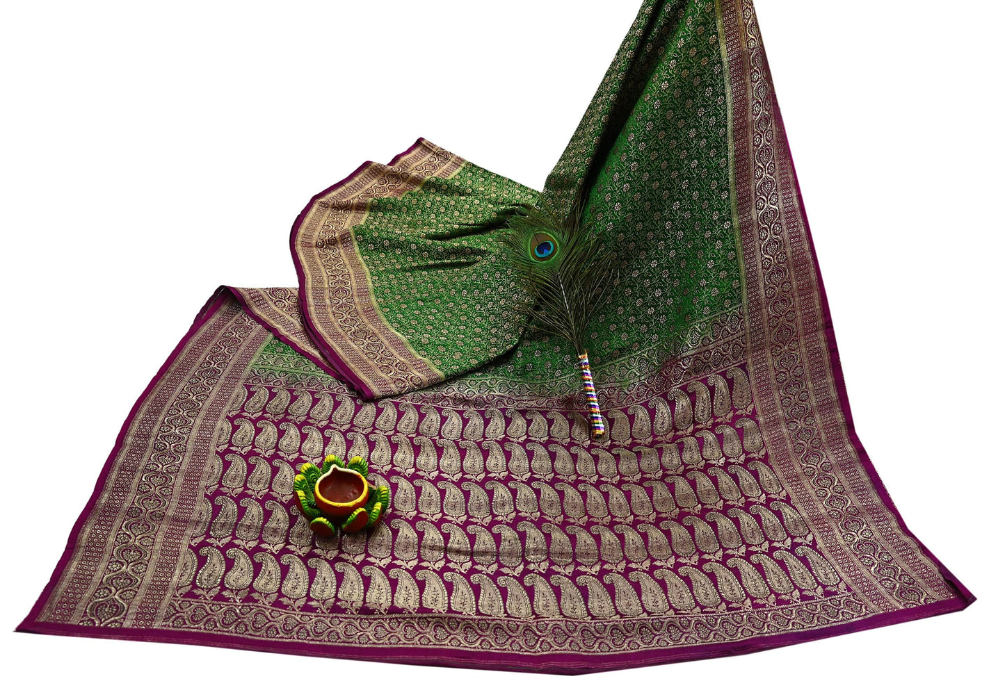 Indian Vintage Sari Green & Purple Heavy Wedding Pure Satin Silk Banarasi Brocade Saree Zari 5Yd Craft Fabric Ethnic Dress making Crafting