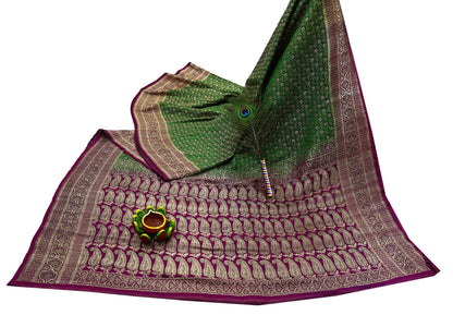 Indian Vintage Sari Green & Purple Heavy Wedding Pure Satin Silk Banarasi Brocade Saree Zari 5Yd Craft Fabric Ethnic Dress making Crafting