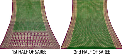 Indian Vintage Sari Green & Purple Heavy Wedding Pure Satin Silk Banarasi Brocade Saree Zari 5Yd Craft Fabric Ethnic Dress making Crafting