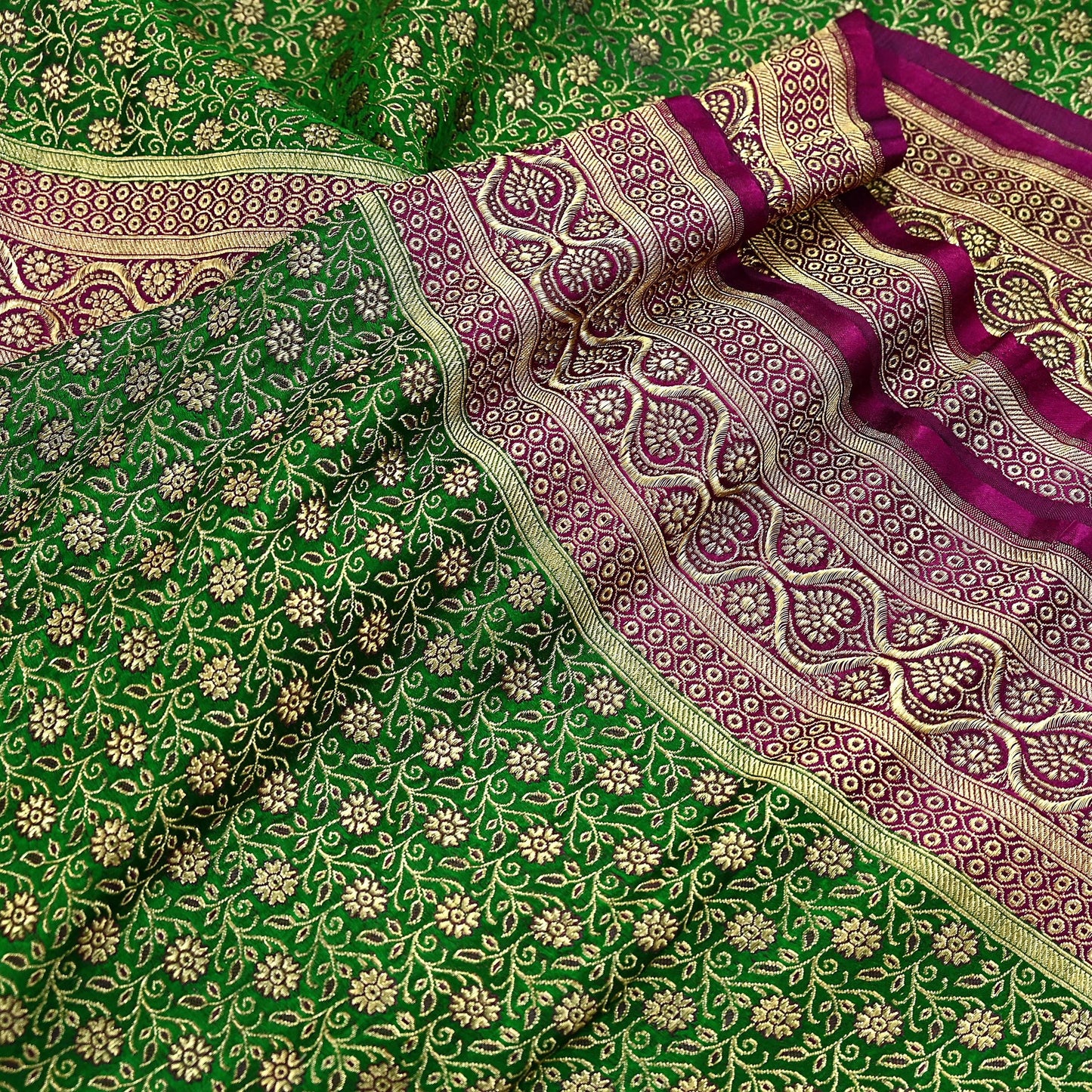Indian Vintage Sari Green & Purple Heavy Wedding Pure Satin Silk Banarasi Brocade Saree Zari 5Yd Craft Fabric Ethnic Dress making Crafting