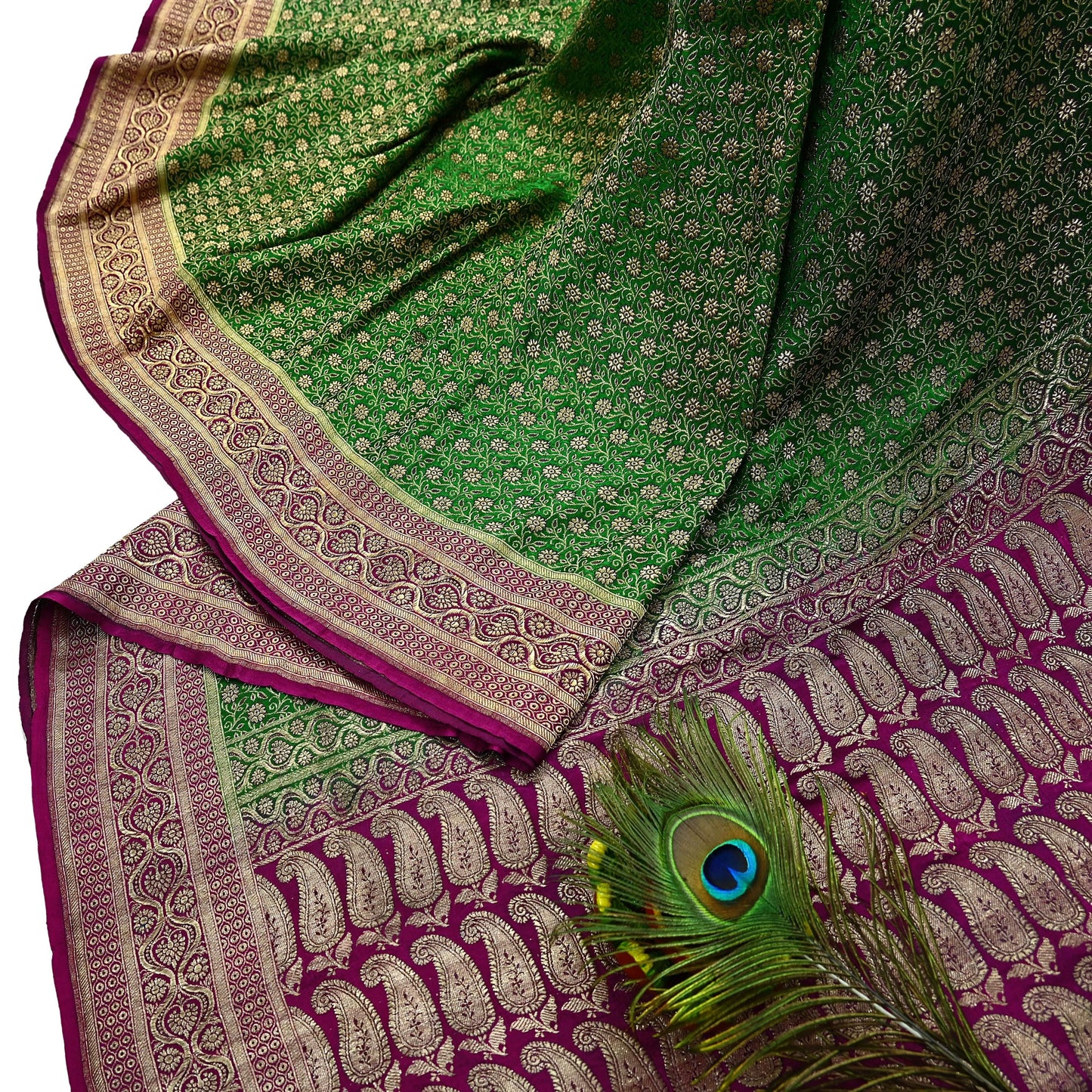 Indian Vintage Sari Green & Purple Heavy Wedding Pure Satin Silk Banarasi Brocade Saree Zari 5Yd Craft Fabric Ethnic Dress making Crafting