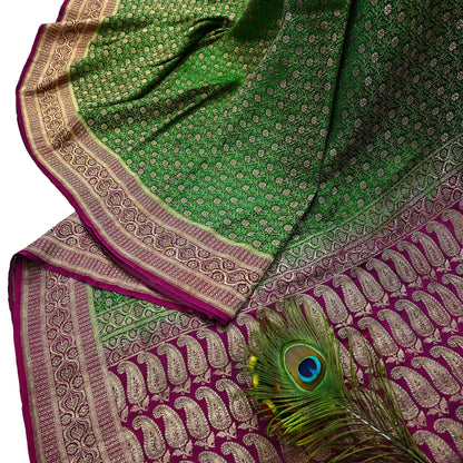 Indian Vintage Sari Green & Purple Heavy Wedding Pure Satin Silk Banarasi Brocade Saree Zari 5Yd Craft Fabric Ethnic Dress making Crafting