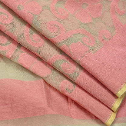 Indian Vintage Beige Dupatta Long Stole Chanderi Woven Scarves Veil Scarf Wrap Hippie Boho Soft Floral Fringes