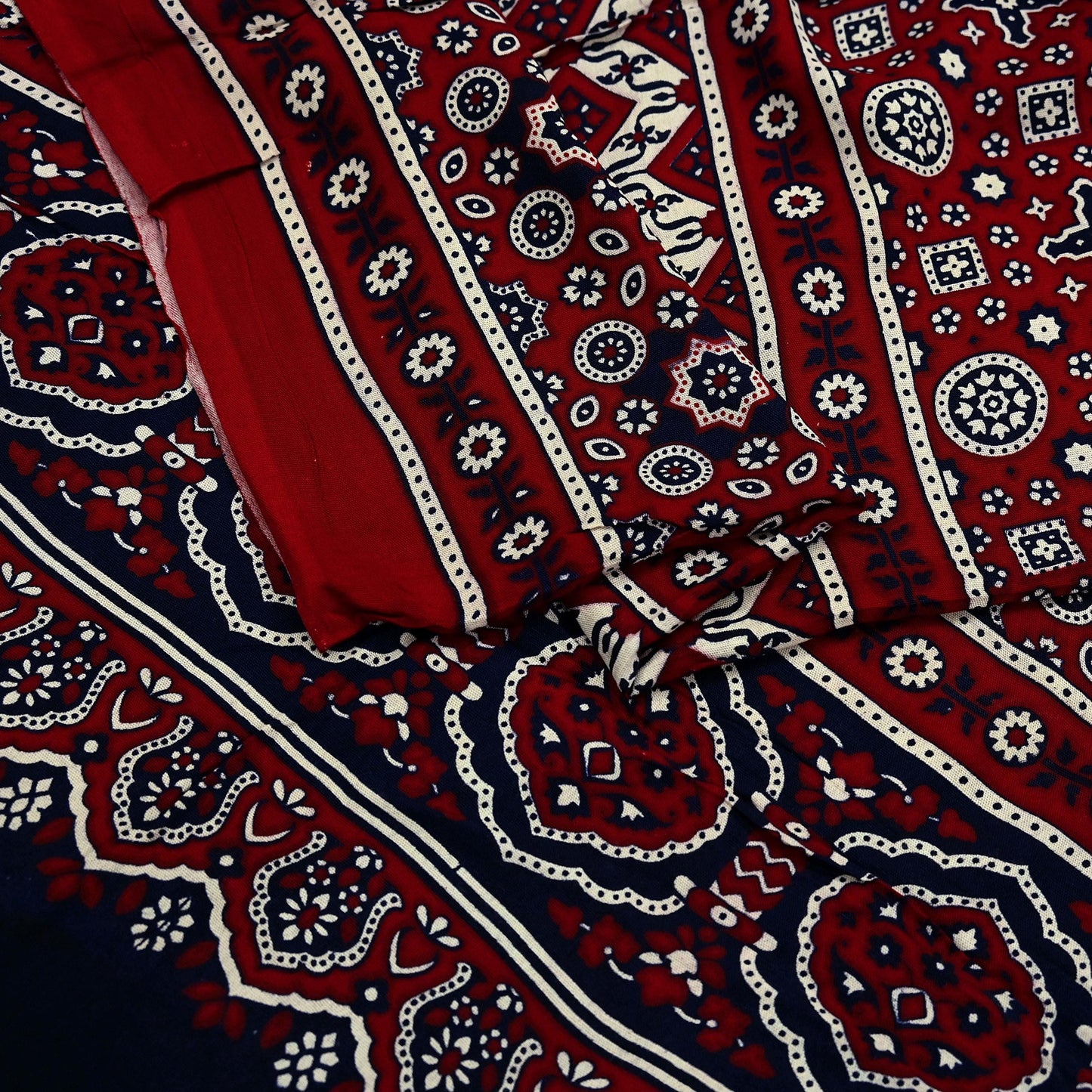 Indian Vintage Dupatta Maroon & Blue Long Stole Printed Hijab Blend Cotton Scarves Veil Soft Wrap Boho