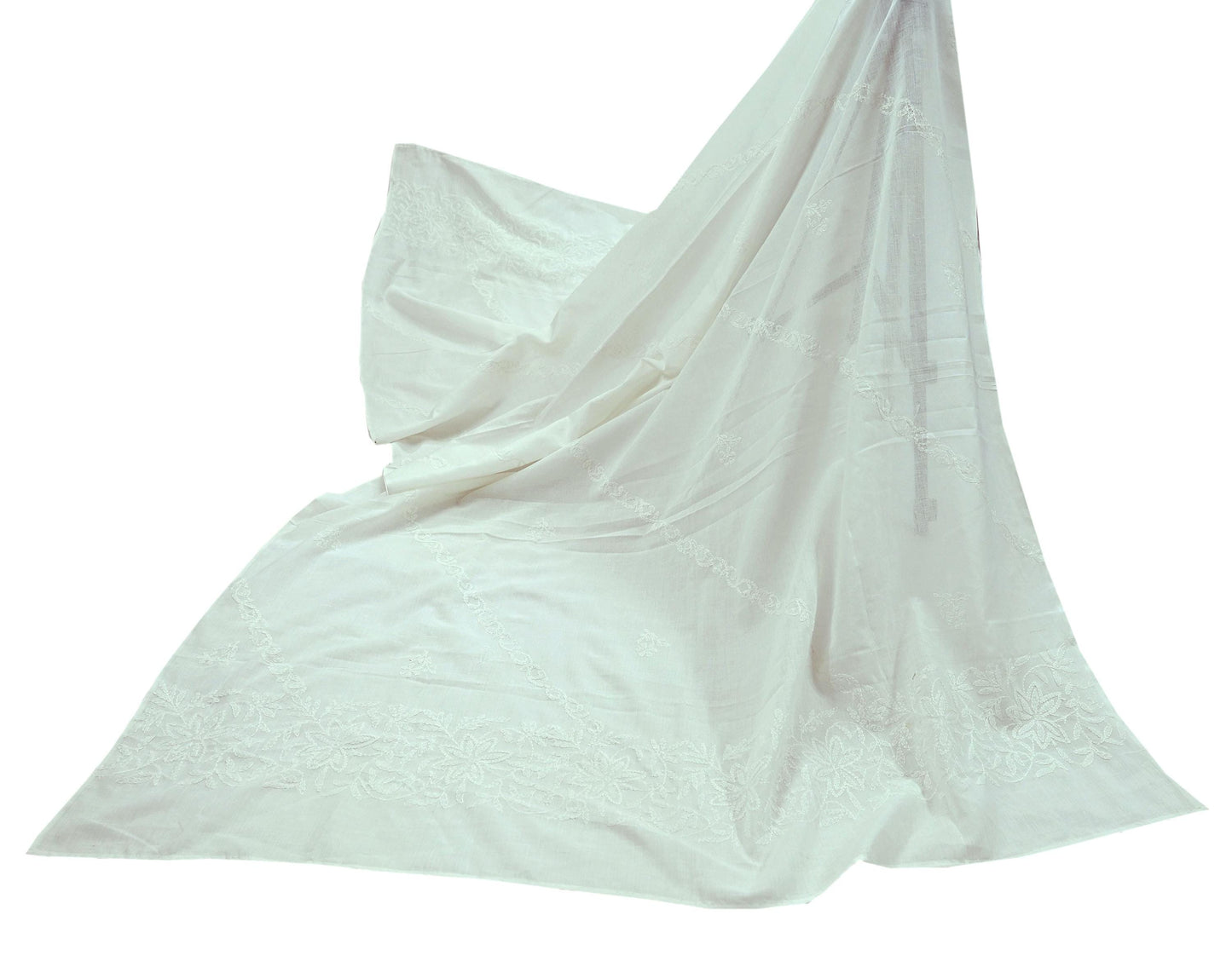Indian Vintage White Dupatta Long Stole Pure Cotton Hand Embroidered Kantha Scarves Veil Scarf Wrap