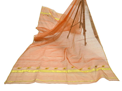 Indian Vintage Dupatta Orange Pure Organza Silk Long Stole Hand Woven Scarves Veil Zari Sequins