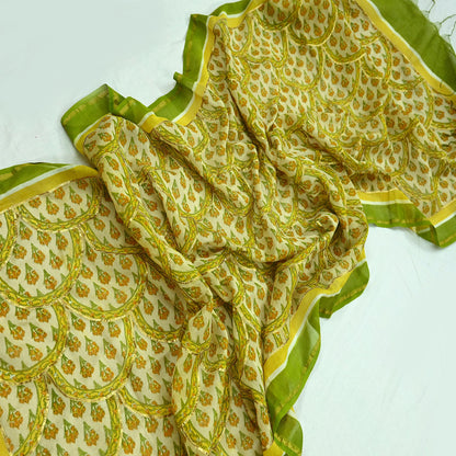 Indian Vintage Dupatta Beige Long Stole Printed Woven Gota patti Pure Chanderi Silk Scarves Veil Golden Zari Soft Fringes