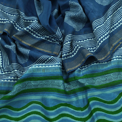 Indian Vintage Blue & Green Dupatta Long Stole Hand Block Print Pure Chanderi Silk Scarves Veil Golden Zari