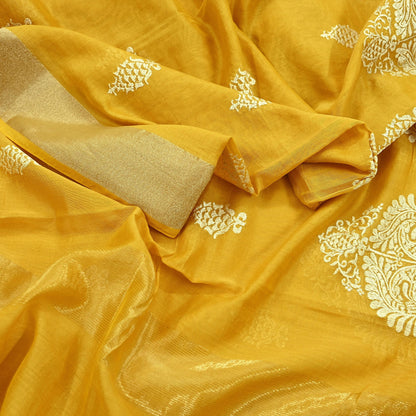 Indian Vintage Mustard Dupatta Long Stole Chanderi Woven Scarves Veil Scarf Wrap Hippie Boho Soft Floral Fringes