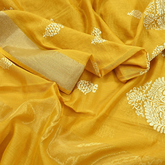 Indian Vintage Mustard Dupatta Long Stole Chanderi Woven Scarves Veil Scarf Wrap Hippie Boho Soft Floral Fringes