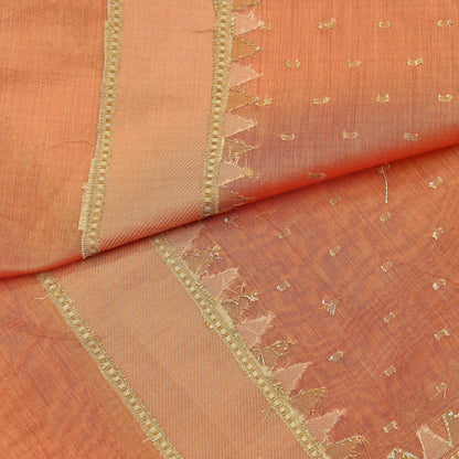 Indian Vintage Dupatta Peach Long Stole Woven Pure Chanderi Cotton Scarves Veil Golden Zari Soft Stripes Design