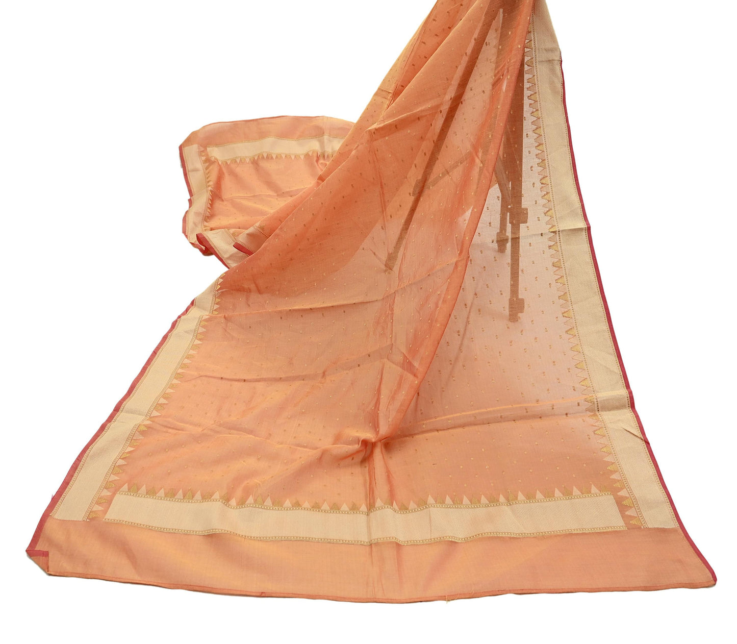 Indian Vintage Dupatta Peach Long Stole Woven Pure Chanderi Cotton Scarves Veil Golden Zari Soft Stripes Design
