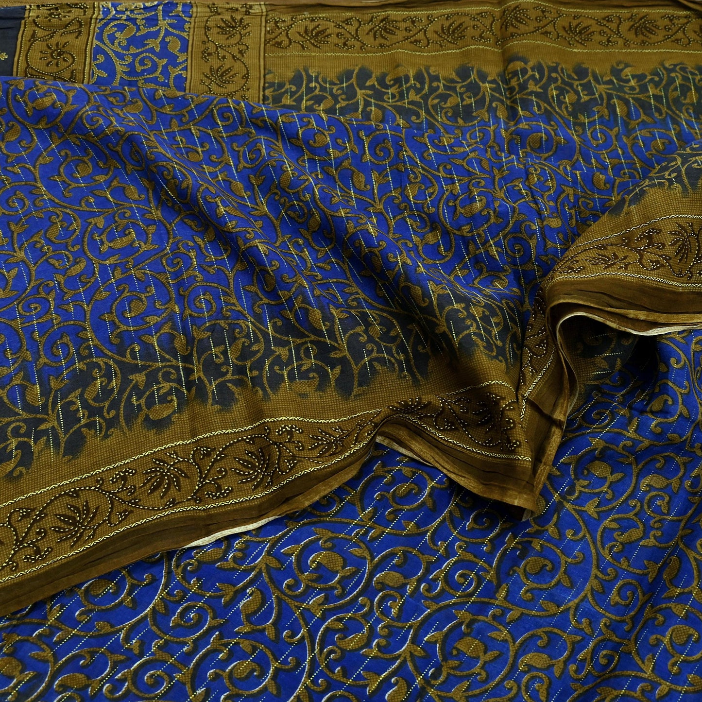 Indian Vintage Blue Sarees Printed Pure Cotton Sari Craft Fabric 5Yd Soft Sewing Sarong Wrap Boho Floral Dress Making Quilting