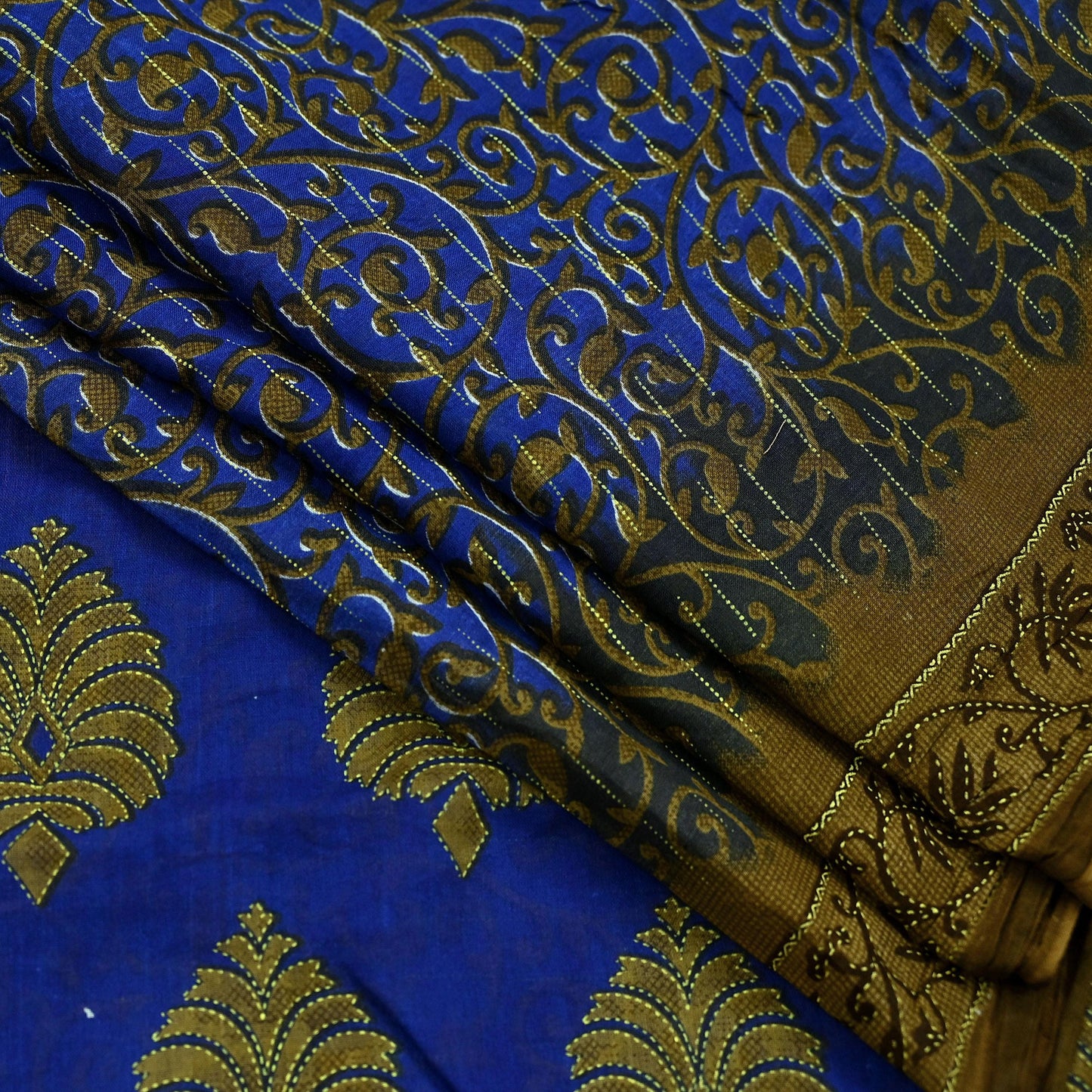Indian Vintage Blue Sarees Printed Pure Cotton Sari Craft Fabric 5Yd Soft Sewing Sarong Wrap Boho Floral Dress Making Quilting