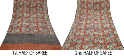Indian Vintage Brown & Black Saree Pure Crepe Silk Printed Sari 5yd Sewing Floral Soft Craft Fabric Wrap Dress Making Crafting Quilting