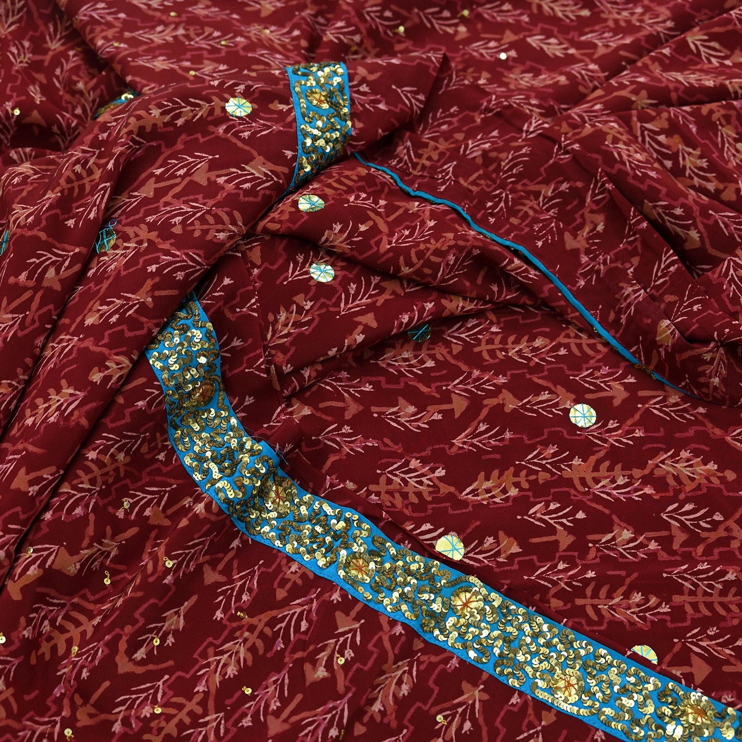 Indian Vintage Sari Maroon Pure Crepe Silk Hand Embroidered Saree 5yd Sewing Floral Craft Sequins Dress making Crafting Quilting