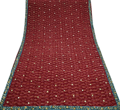 Indian Vintage Sari Maroon Pure Crepe Silk Hand Embroidered Saree 5yd Sewing Floral Craft Sequins Dress making Crafting Quilting