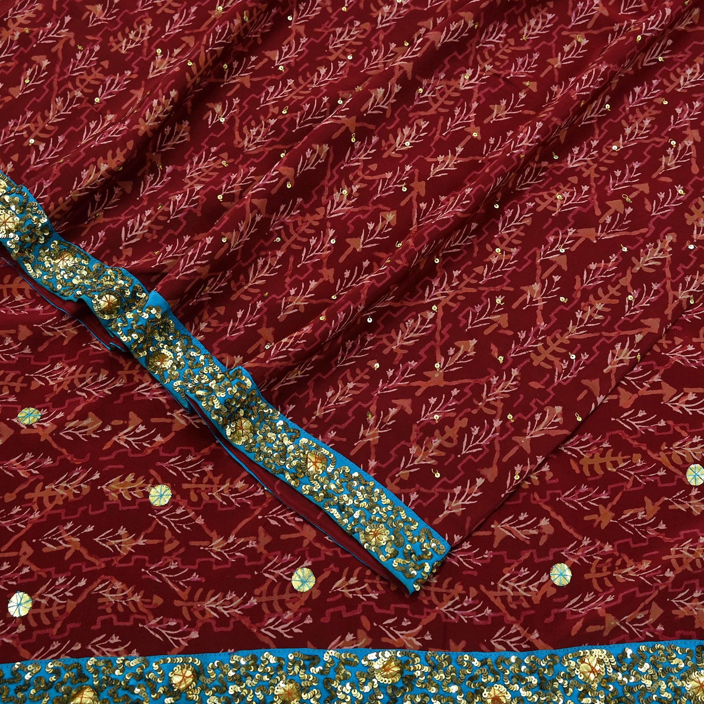 Indian Vintage Sari Maroon Pure Crepe Silk Hand Embroidered Saree 5yd Sewing Floral Craft Sequins Dress making Crafting Quilting