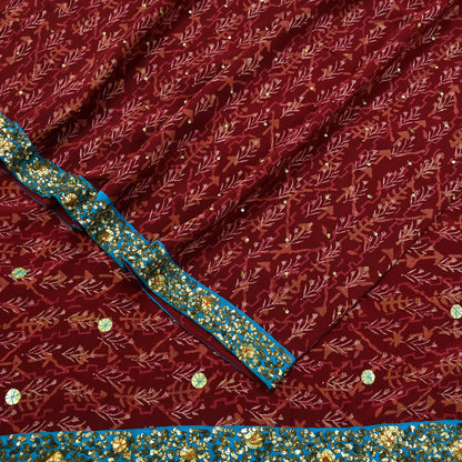 Indian Vintage Sari Maroon Pure Crepe Silk Hand Embroidered Saree 5yd Sewing Floral Craft Sequins Dress making Crafting Quilting