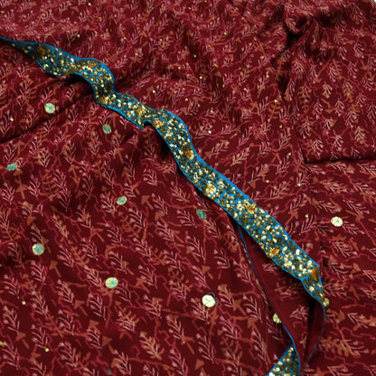 Indian Vintage Sari Maroon Pure Crepe Silk Hand Embroidered Saree 5yd Sewing Floral Craft Sequins Dress making Crafting Quilting