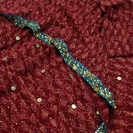 Indian Vintage Sari Maroon Pure Crepe Silk Hand Embroidered Saree 5yd Sewing Floral Craft Sequins Dress making Crafting Quilting
