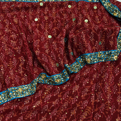 Indian Vintage Sari Maroon Pure Crepe Silk Hand Embroidered Saree 5yd Sewing Floral Craft Sequins Dress making Crafting Quilting