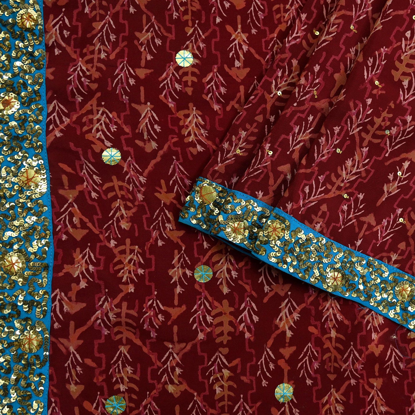 Indian Vintage Sari Maroon Pure Crepe Silk Hand Embroidered Saree 5yd Sewing Floral Craft Sequins Dress making Crafting Quilting
