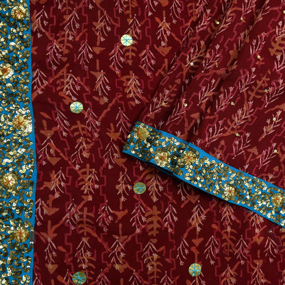 Indian Vintage Sari Maroon Pure Crepe Silk Hand Embroidered Saree 5yd Sewing Floral Craft Sequins Dress making Crafting Quilting