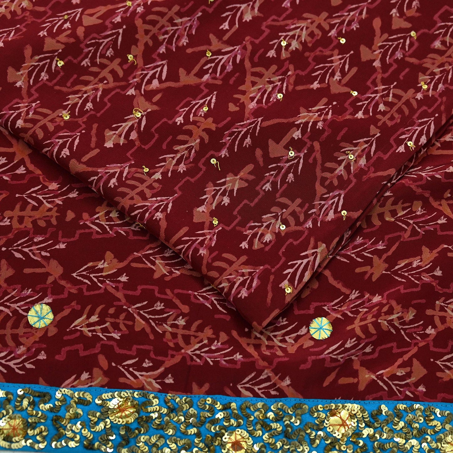 Indian Vintage Sari Maroon Pure Crepe Silk Hand Embroidered Saree 5yd Sewing Floral Craft Sequins Dress making Crafting Quilting