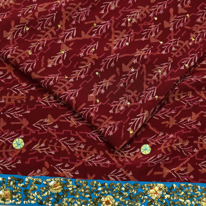 Indian Vintage Sari Maroon Pure Crepe Silk Hand Embroidered Saree 5yd Sewing Floral Craft Sequins Dress making Crafting Quilting